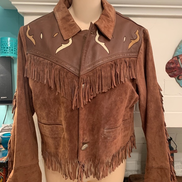 80s CHEVIGNON NATIVE FRINGED WESTERN SUEDE JACKET - Picture 8 of 10